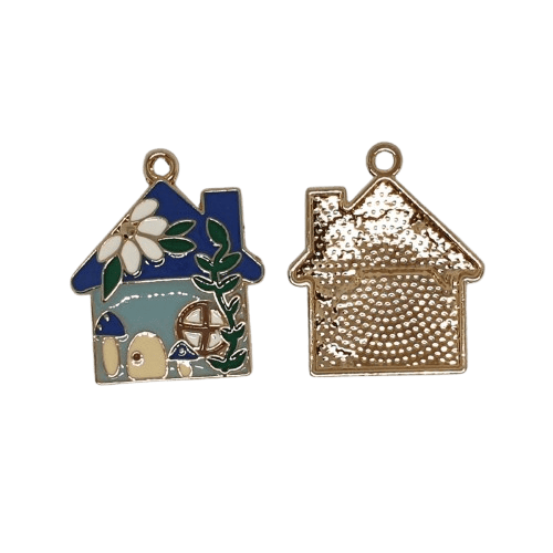 Enamel Blue House with Flowers Charm image 0
