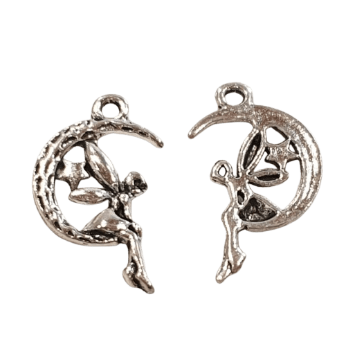 Antique Silver Fairy on Moon Charm image 0